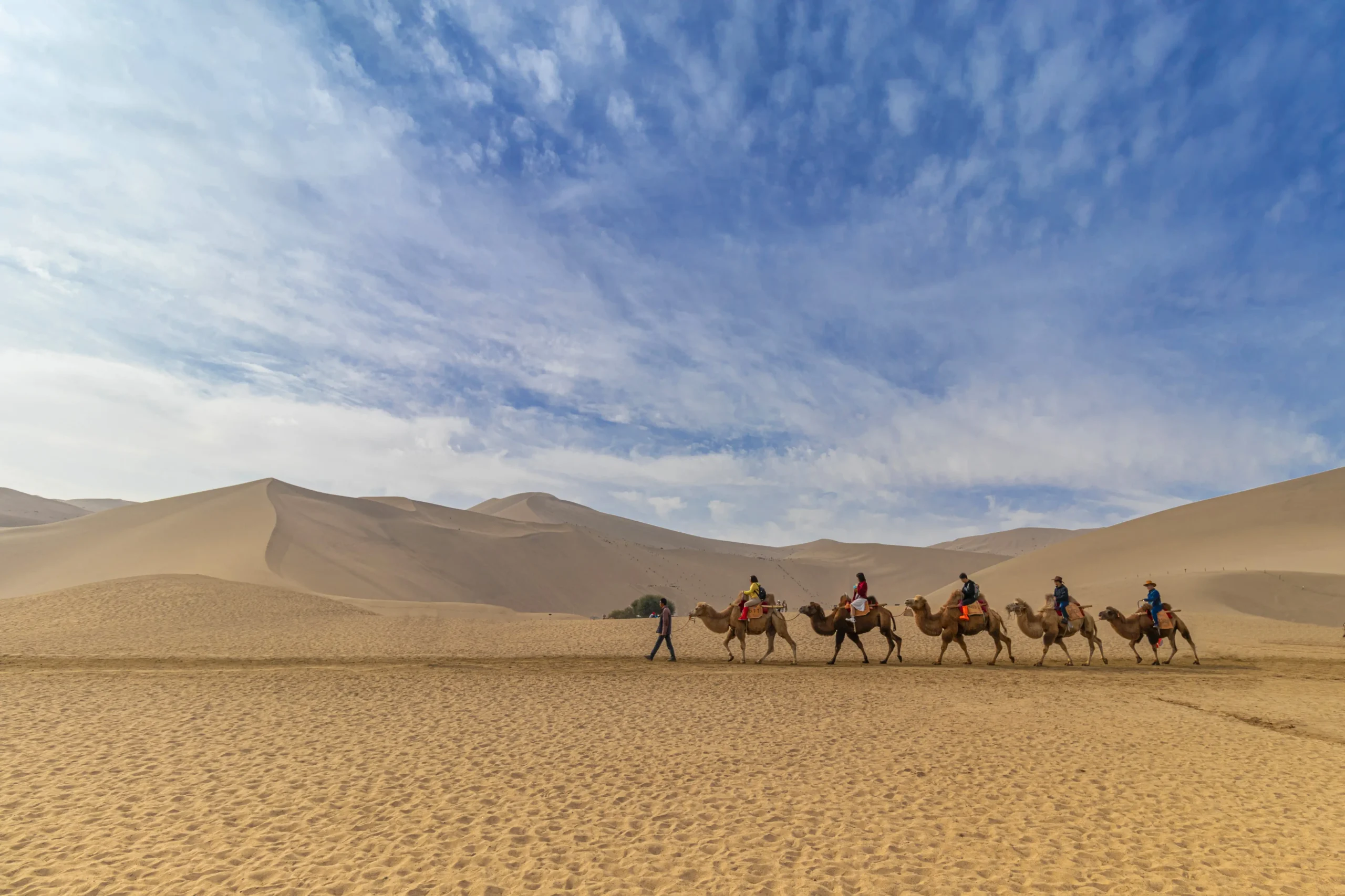 Una carovana di cammelli attraversa le dune di Merzouga