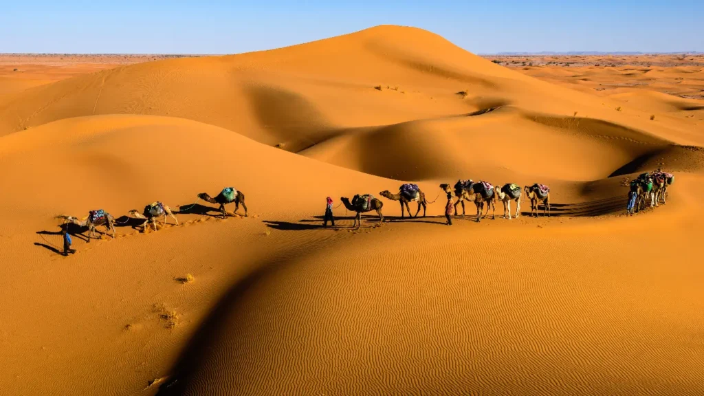 Campo tendato nel deserto marocchino che brilla al crepuscolo