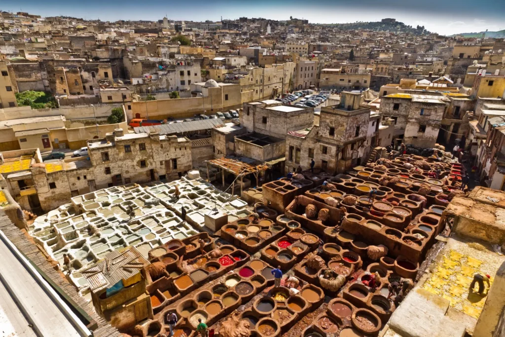 Traditional tanneries in Fez with colorful dye pits