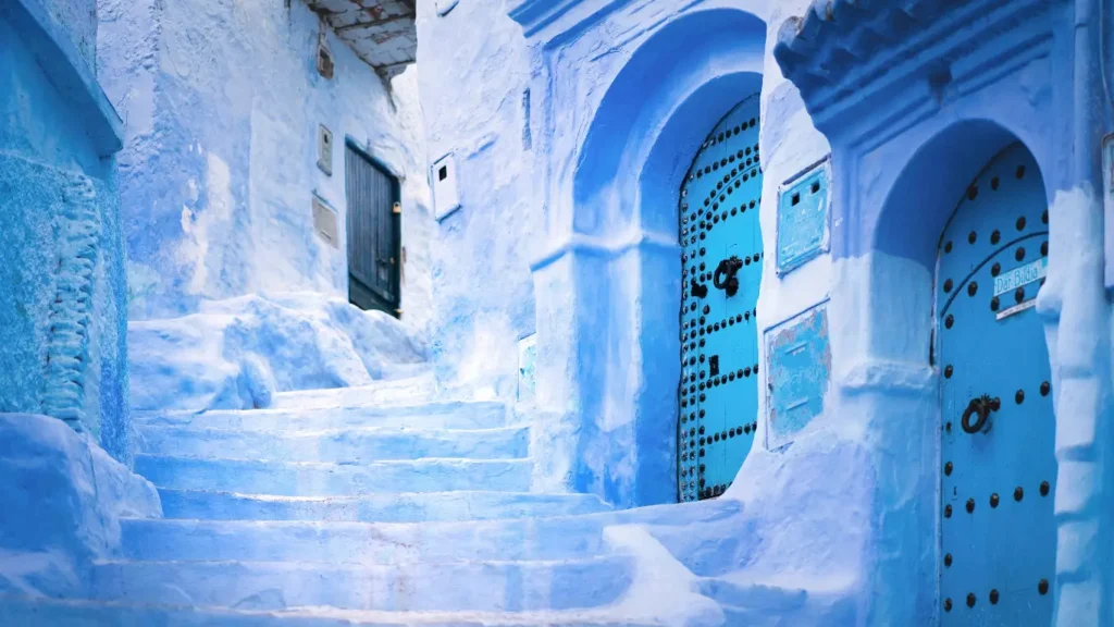 Blue-painted street in Chefchaouen Morocco
